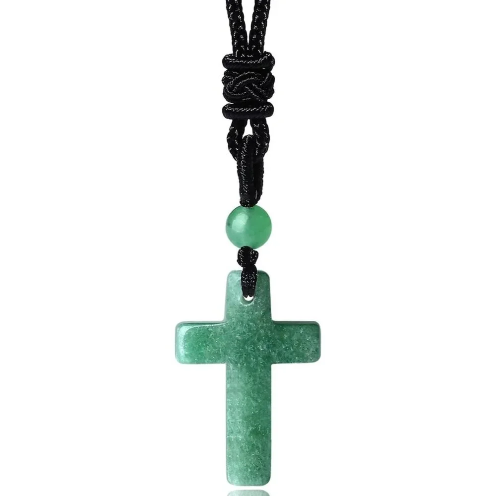💫Men Green Healing Crystal Stone Pointed Rope Natural Gemstone Pendant Necklace